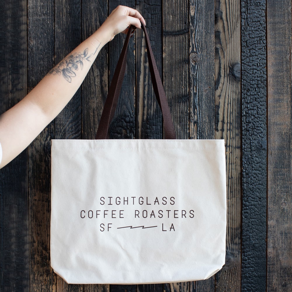 Back of Sightglass Tote bag mentioning Sightglass Coffee Roasters SF LA